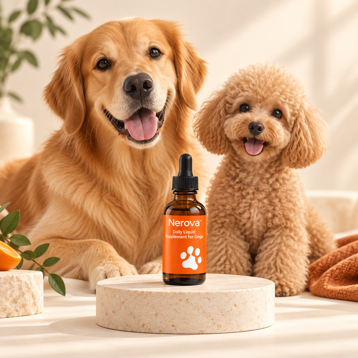 Nerova bottle with a golden retriever and small poodle.