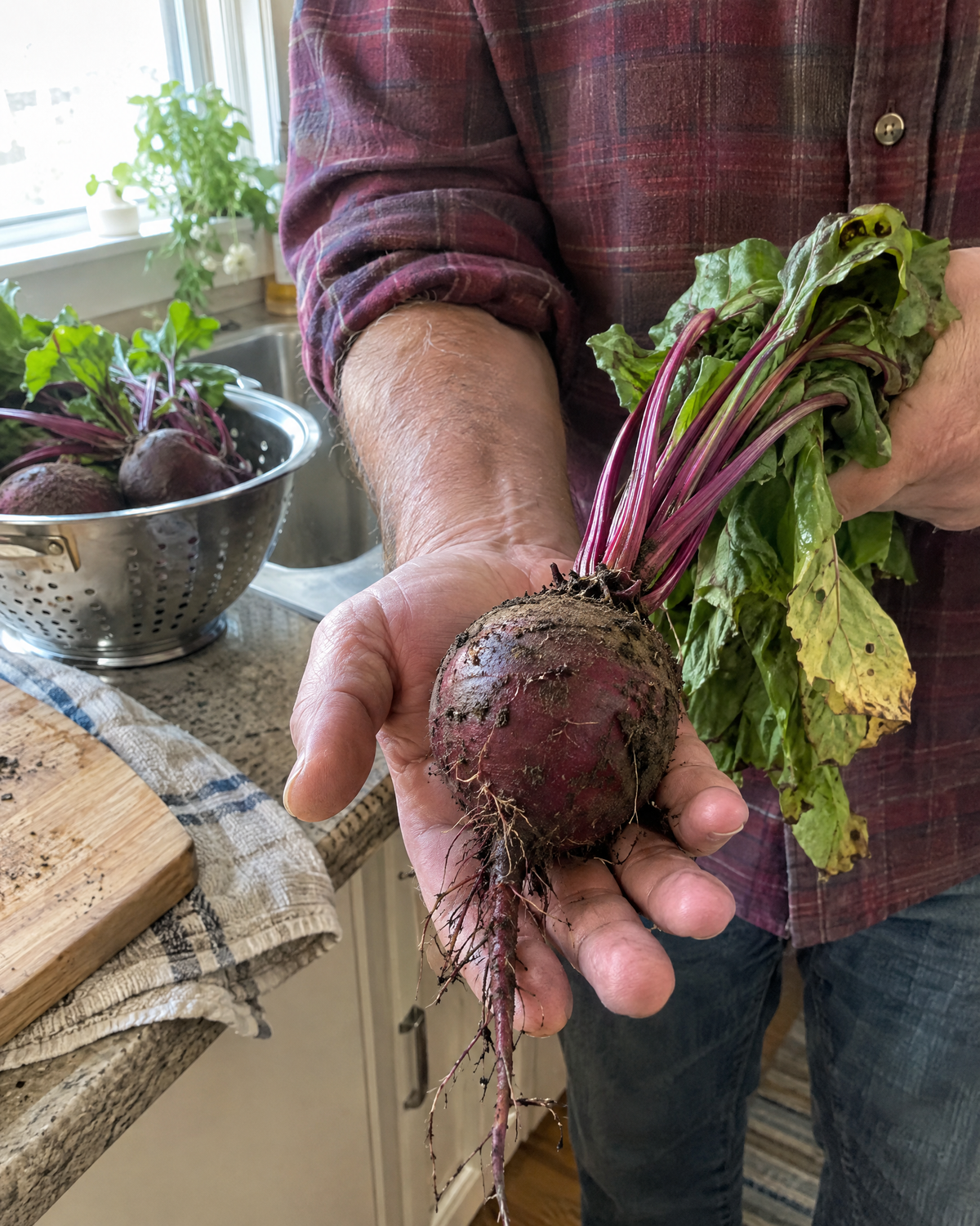 Hand holding a freshly pulled beet root in a kitchen