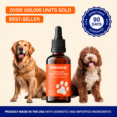 Nerova dog supplement bottle with two dogs — over 100,000 units sold, 90-day guarantee
