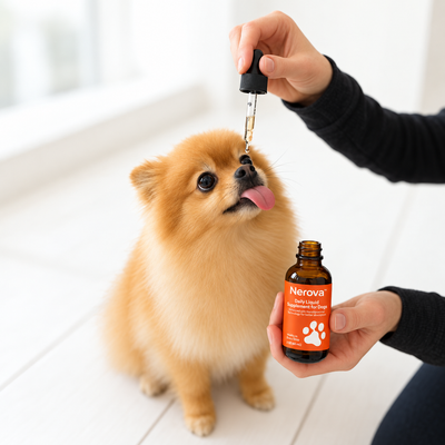 Pomeranian taking Nerova daily liquid supplement from dropper