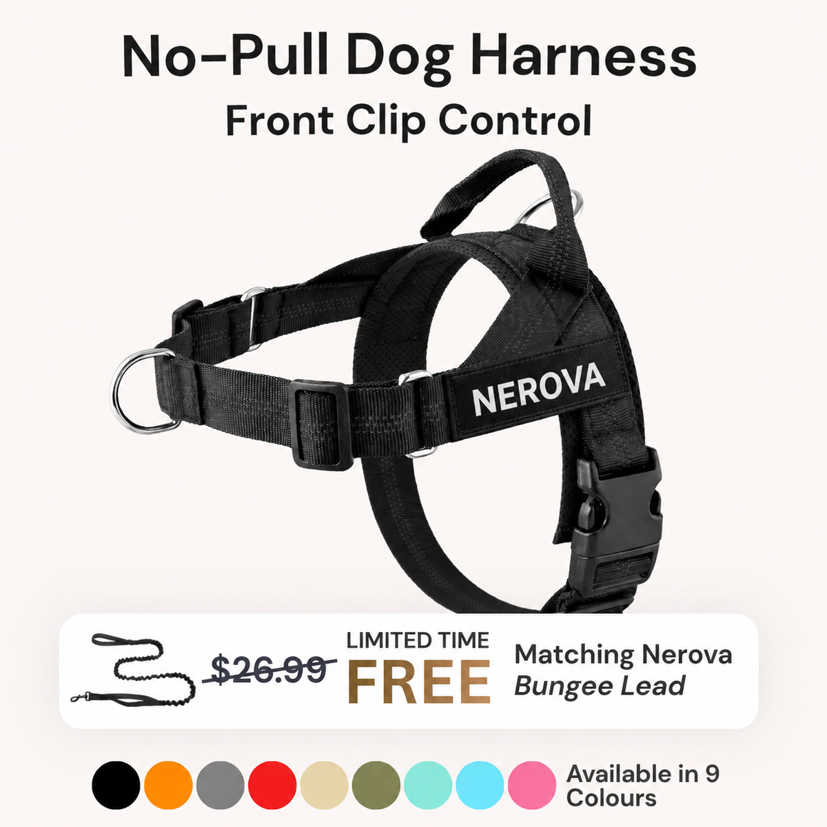 Nerova No-Pull Dog Harness — front clip control, free matching bungee lead